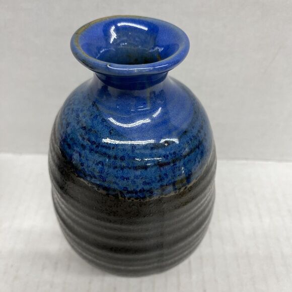 Set of 5 Japanese Sake Set Blue & Black Stoneware Pottery - Picture 4 of 10